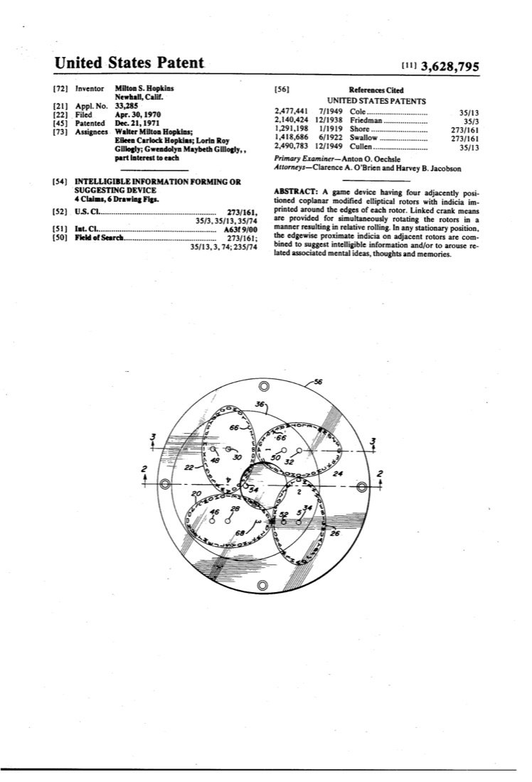 US 3,628,795, Intelligible Information Forming or Suggesting Device, sheet 1